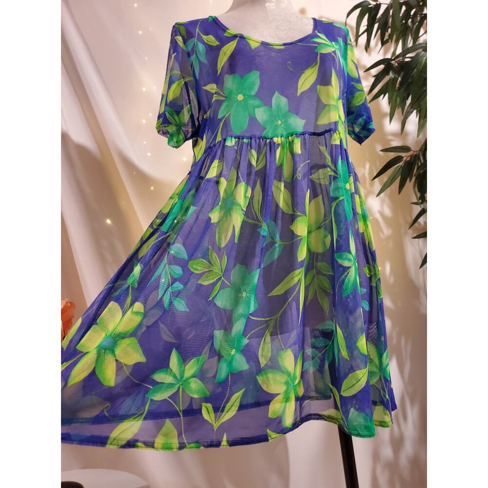 Floral Sheer Mini Dress - Green & Blue